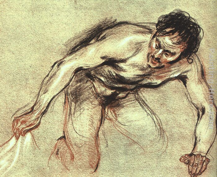 Kneeling Male Nude painting - Jean-Antoine Watteau Kneeling Male Nude art painting